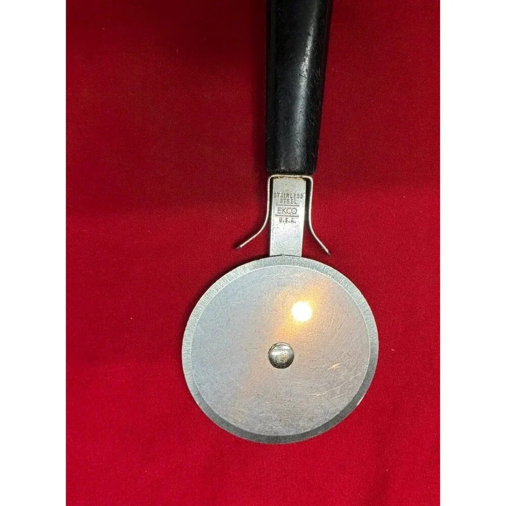 Vintage Ekco Pizza Cutter Made In USA Black Handle Stainless Steel 8 Inch